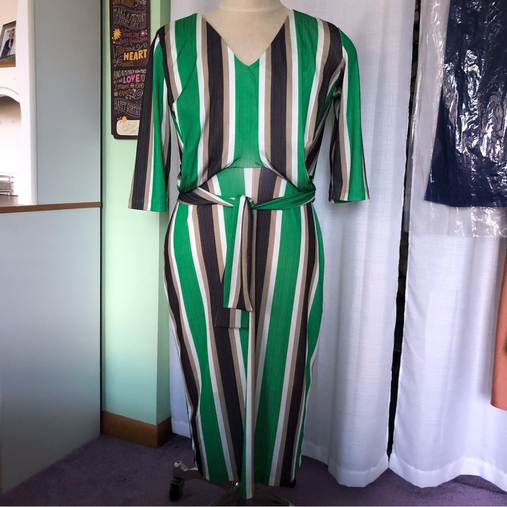 Simple Life Dress never been worn. Green crème and brown stripe with wrap belt